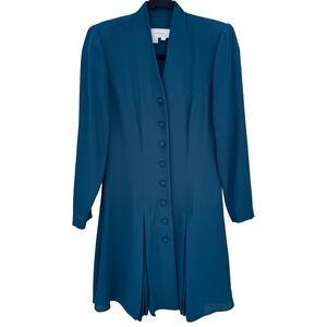 Warren Petites Vintage Teal Blue Button Front Pleated Long Sleeve Dress Size 2